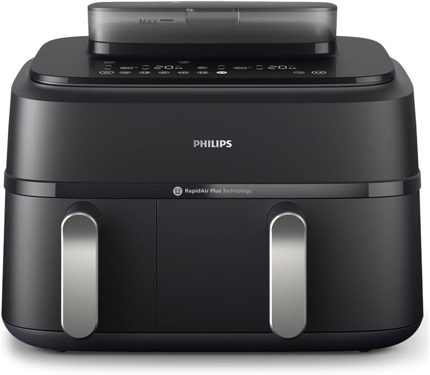 Philips Steam Airfryer 5000 Series Dual Basket Heißluftfritteuse mit Dampfgar-Funktion & 2 Körben – Steam, Airfry, SteamFy, 9L (3L+6L), RapidAir Plus, automatische Dampfreinigung (NA551/00)
