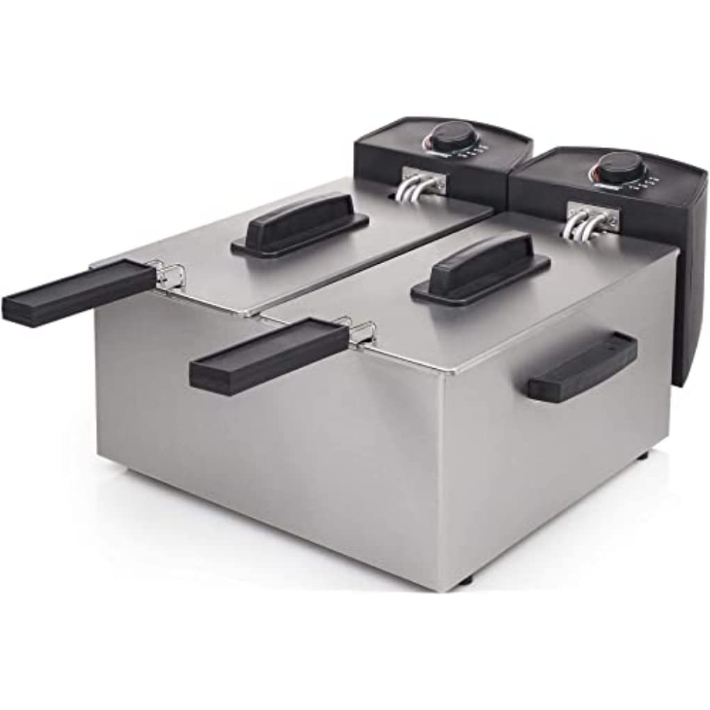 Princess 183028 Edelstahl Doppel-Fritteuse in schwarz - 2 x 3 Liter (2 x 1800 Watt) mit Ölfilter und Kaltzonenfunktion