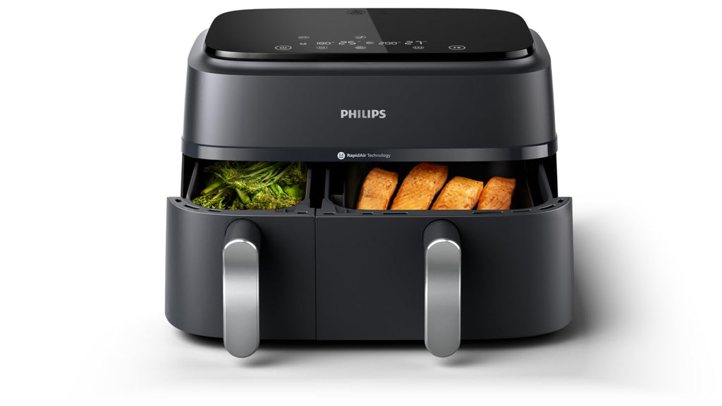 Philips Steam Airfryer 5000 Series Dual Basket Heißluftfritteuse mit Dampfgar-Funktion & 2 Körben – Steam, Airfry, SteamFy, 9L (3L+6L), RapidAir Plus, automatische Dampfreinigung (NA551/00)