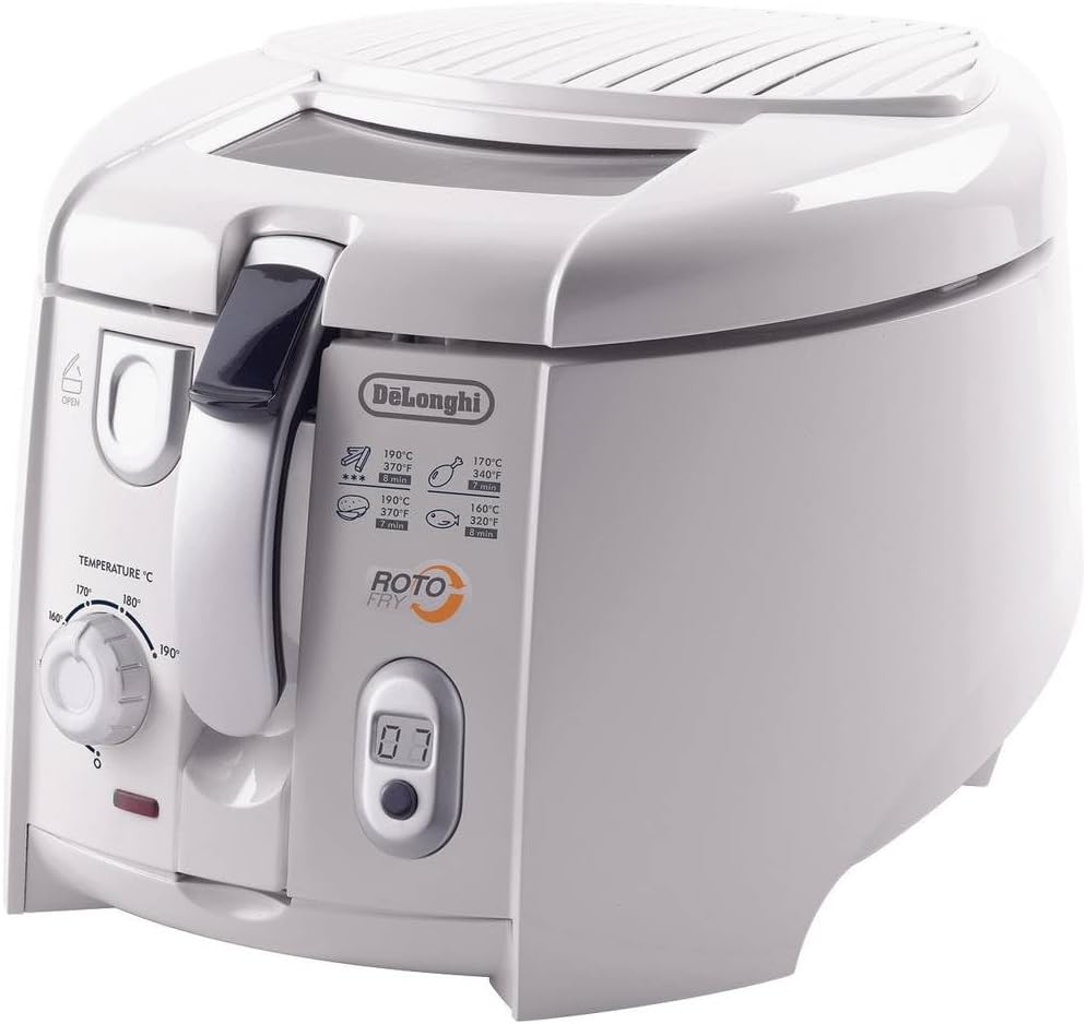De'Longhi Roto-Fry F28533.W1 Rotofritteuse | System für 50 % weniger Öl | Easy Clean System | Antihaft-Beschichtung | mit herausnehmbarem Frittierbehälter | Timer | weiß