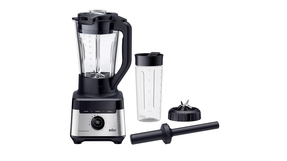 Braun PowerBlend 7 – Hochleistungs-Standmixer mit 30.000 U/min für cremige Smoothies, Shakes & Saucen, TriAction-Mixkrug, iTextureControl, Smoothie2Go 600 ml To-Go Becher, 1400W, Schwarz (JB7568BK)