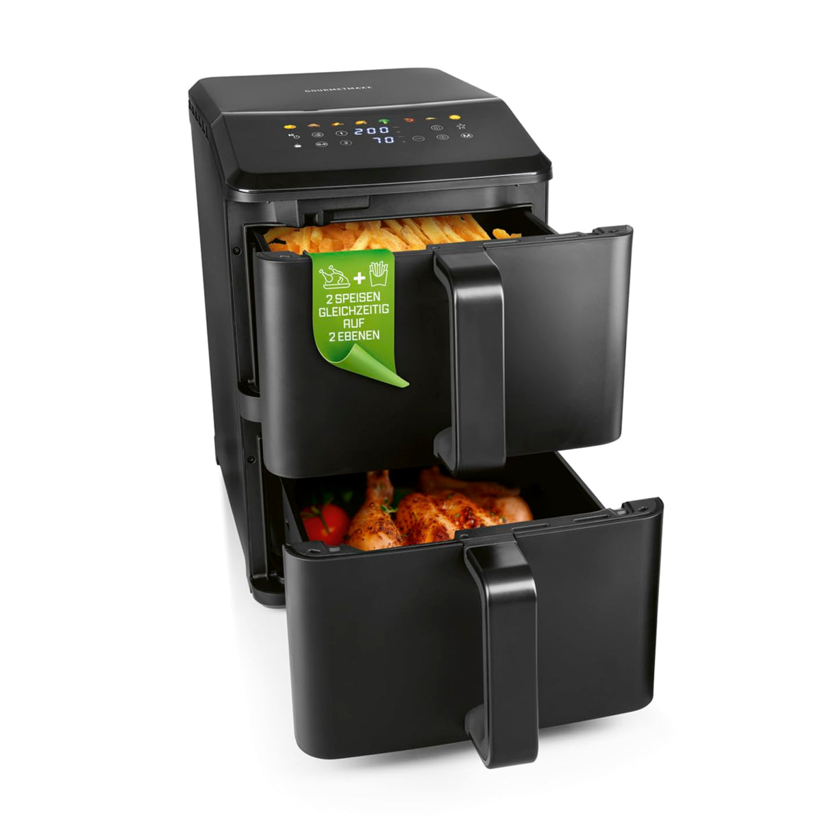 GOURMETmaxx FryUp3 Vertikale Heißluftfritteuse 3 Kammern | Heissluftfritteuse XXL 17 Liter | Airfryer mit Klapp-Touchdisplay, 12 Onetouch-Programmen, Sichtfenstern | Air Fryer Friteuse für 12 Personen