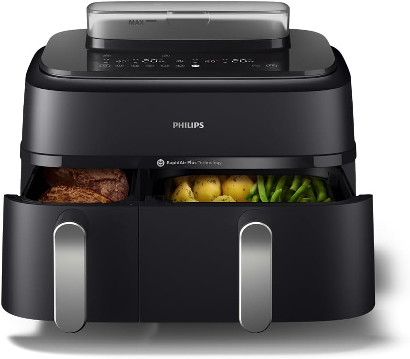 Philips Steam Airfryer 5000 Series Dual Basket Heißluftfritteuse mit Dampfgar-Funktion & 2 Körben – Steam, Airfry, SteamFy, 9L (3L+6L), RapidAir Plus, automatische Dampfreinigung (NA551/00)