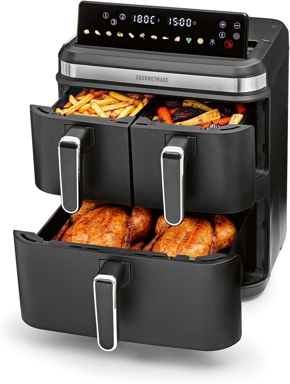 GOURMETmaxx FryUp3 Vertikale Heißluftfritteuse 3 Kammern | Heissluftfritteuse XXL 17 Liter | Airfryer mit Multi-Colour-Klapp-Touchdisplay | Air Fryer Friteuse für 12 Personen | 12 One-touch-Programme