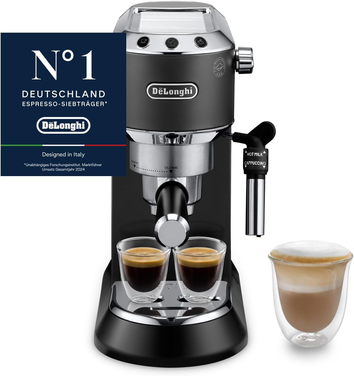 De'Longhi Dedica Style - Perfetto Kompakte Siebträgermaschine Espressomaschine mit Tasten, manuellem Milchaufschäumer für Espresso und Cappuccino, ESE Pad geeignet, 15cm breit, Schwarz (EC685.BK)