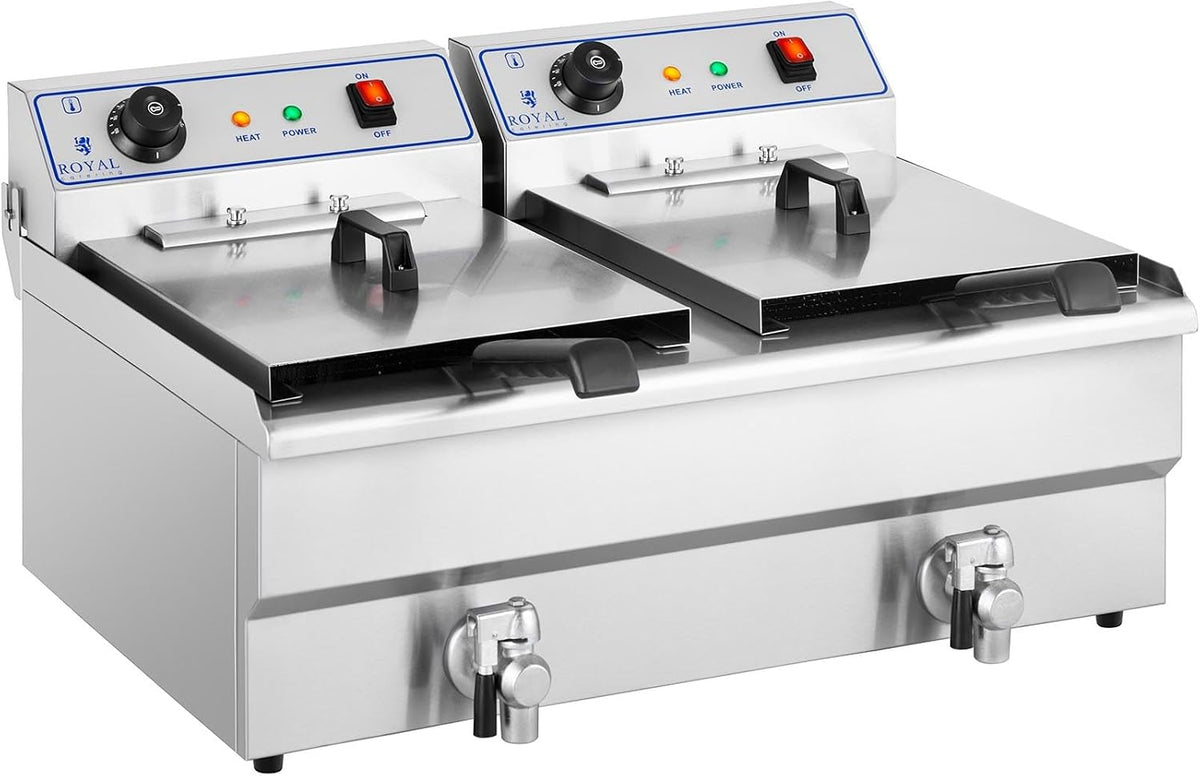 Royal Catering Kommerzielle Fritteuse Kapazität 2 x 16 l 13 kW 400 V 60-200 °C Kaltzone Ablasshahn autom. Abschaltung Thermoschutz Cool-Touch-Griff Elektro-Doppel-Fritteuse