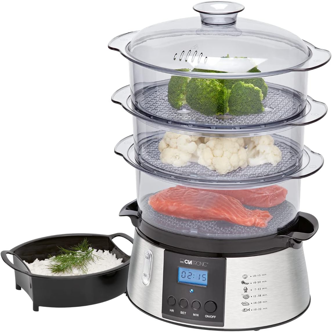 Clatronic DG 3547 elektrischer Dampfgarer, Steam Cooker, Reiskocher, Dampfgarer mit 3 Dampfgarbehältern inkl. Reis-Schale, Digital-Timer, LCD-Display, Netz-Kontrollleuchte, schwarz/edelstahl-Optik