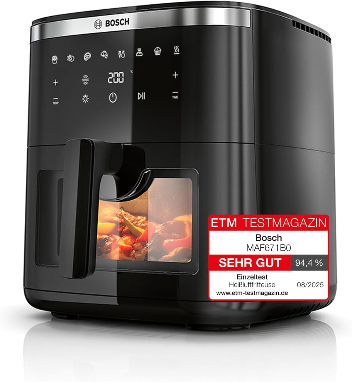 Bosch Heißluftfritteuse Serie 6, XXL 7,2 L Fassungsvermögen, 7 voreingestellte Programme, beleuchtetes Sichtfenster, bis zu 65% schnelleres Kochen, AirFryer in Schwarz, MAF671B0