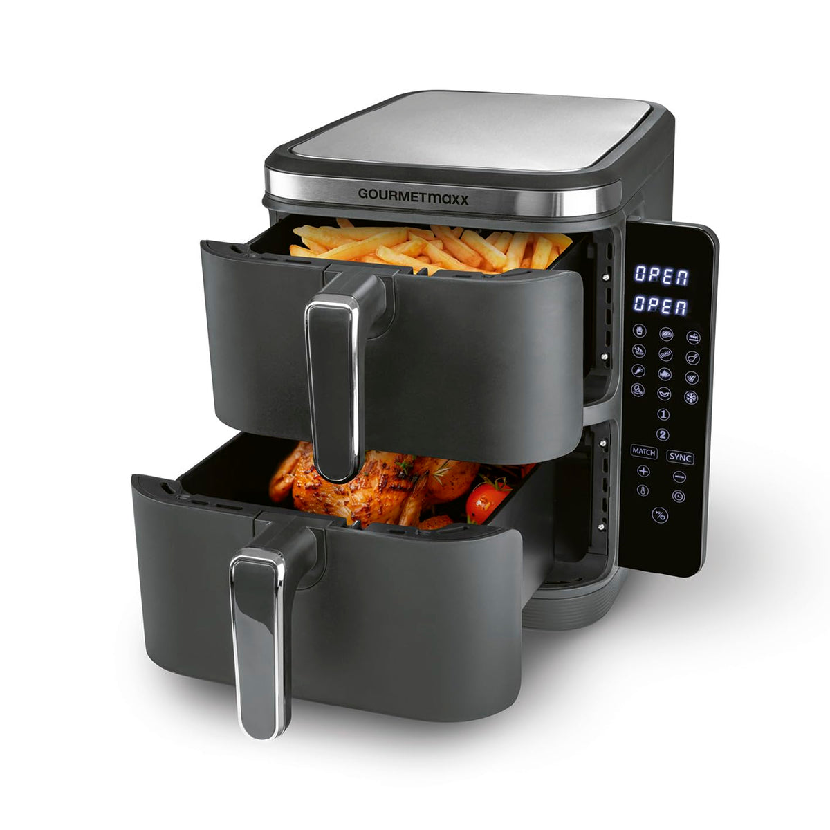 GOURMETmaxx FryUp3 Vertikale Heißluftfritteuse 3 Kammern | Heissluftfritteuse XXL 17 Liter | Airfryer mit Multi-Colour-Klapp-Touchdisplay | Air Fryer Friteuse für 12 Personen | 12 One-touch-Programme