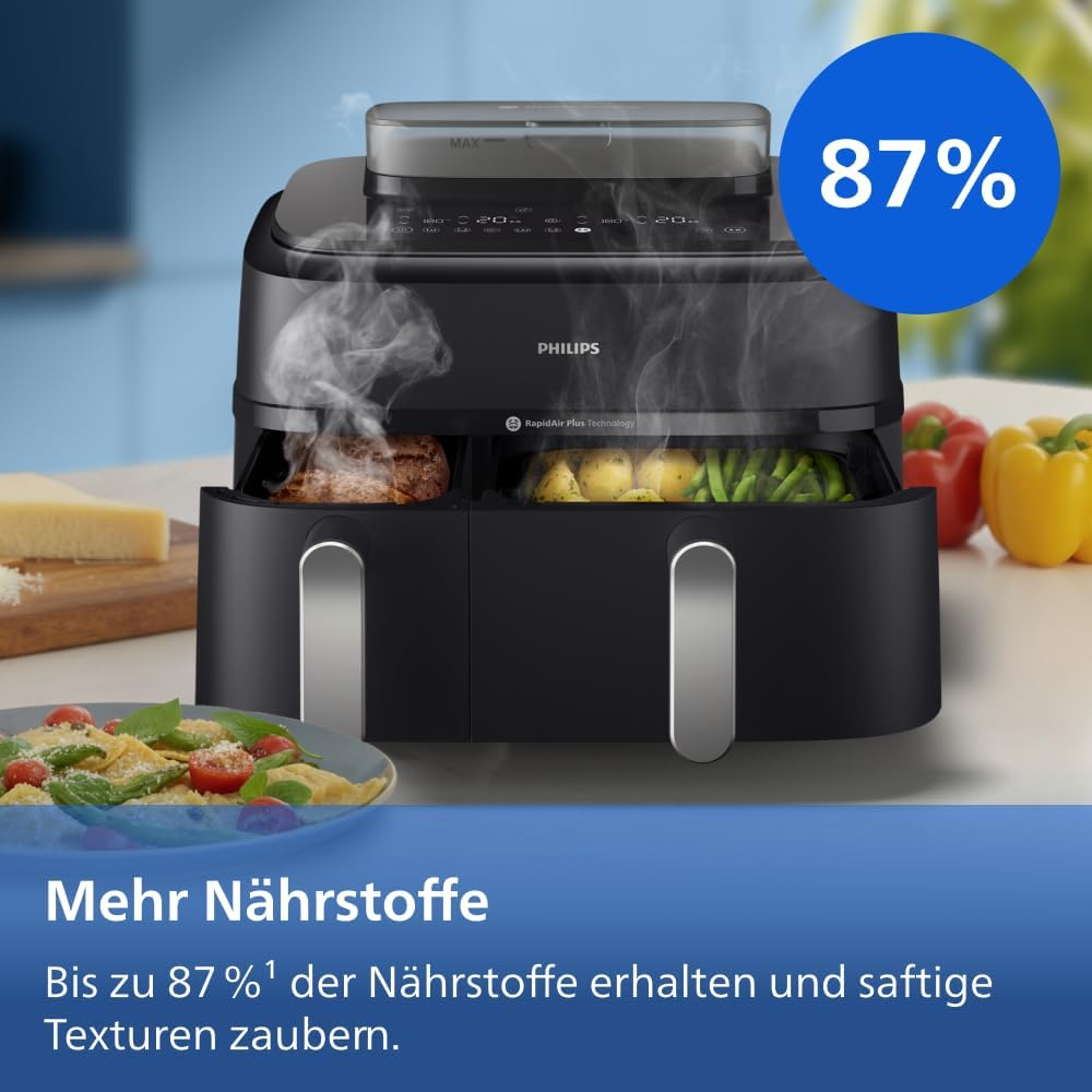 Philips Steam Airfryer 5000 Series Dual Basket Heißluftfritteuse mit Dampfgar-Funktion & 2 Körben – Steam, Airfry, SteamFy, 9L (3L+6L), RapidAir Plus, automatische Dampfreinigung (NA551/00)
