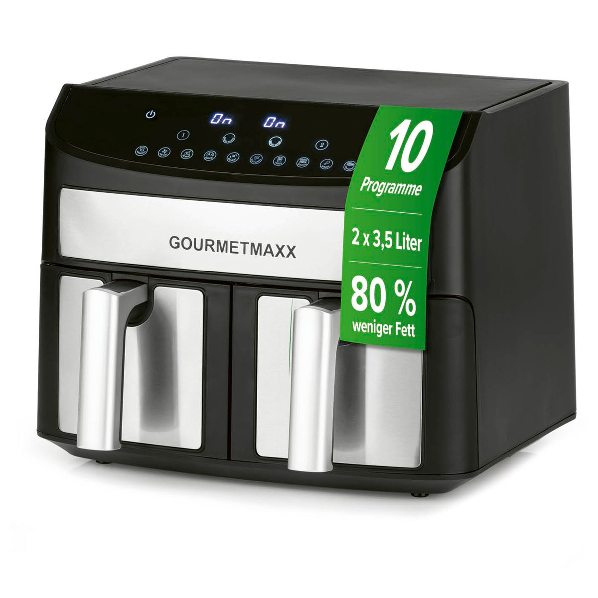 GOURMETmaxx FryUp3 Vertikale Heißluftfritteuse 3 Kammern | Heissluftfritteuse XXL 17 Liter | Airfryer mit Multi-Colour-Klapp-Touchdisplay | Air Fryer Friteuse für 12 Personen | 12 One-touch-Programme