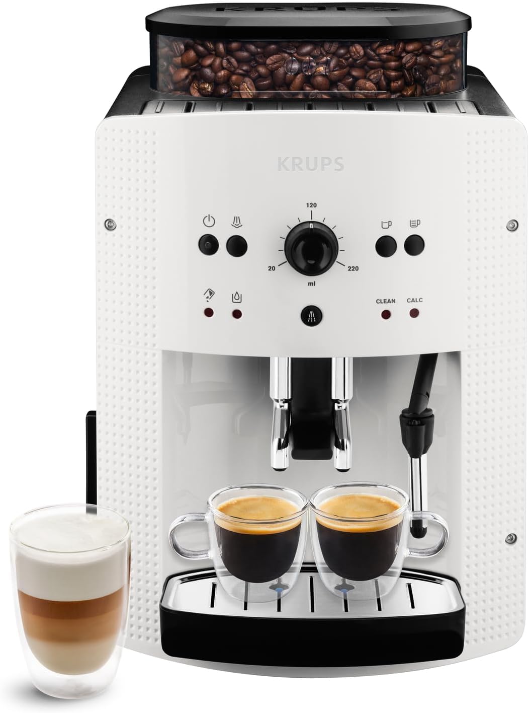 KRUPS Arabica Picto Kaffeevollautomat, kompaktes Design, einfache Bedienung, intuitiv einstellbarer Drehregler, Milchschaumdüse, 2-Tassen-Funktion, Kaffeemaschine, Schwarz, EA810870