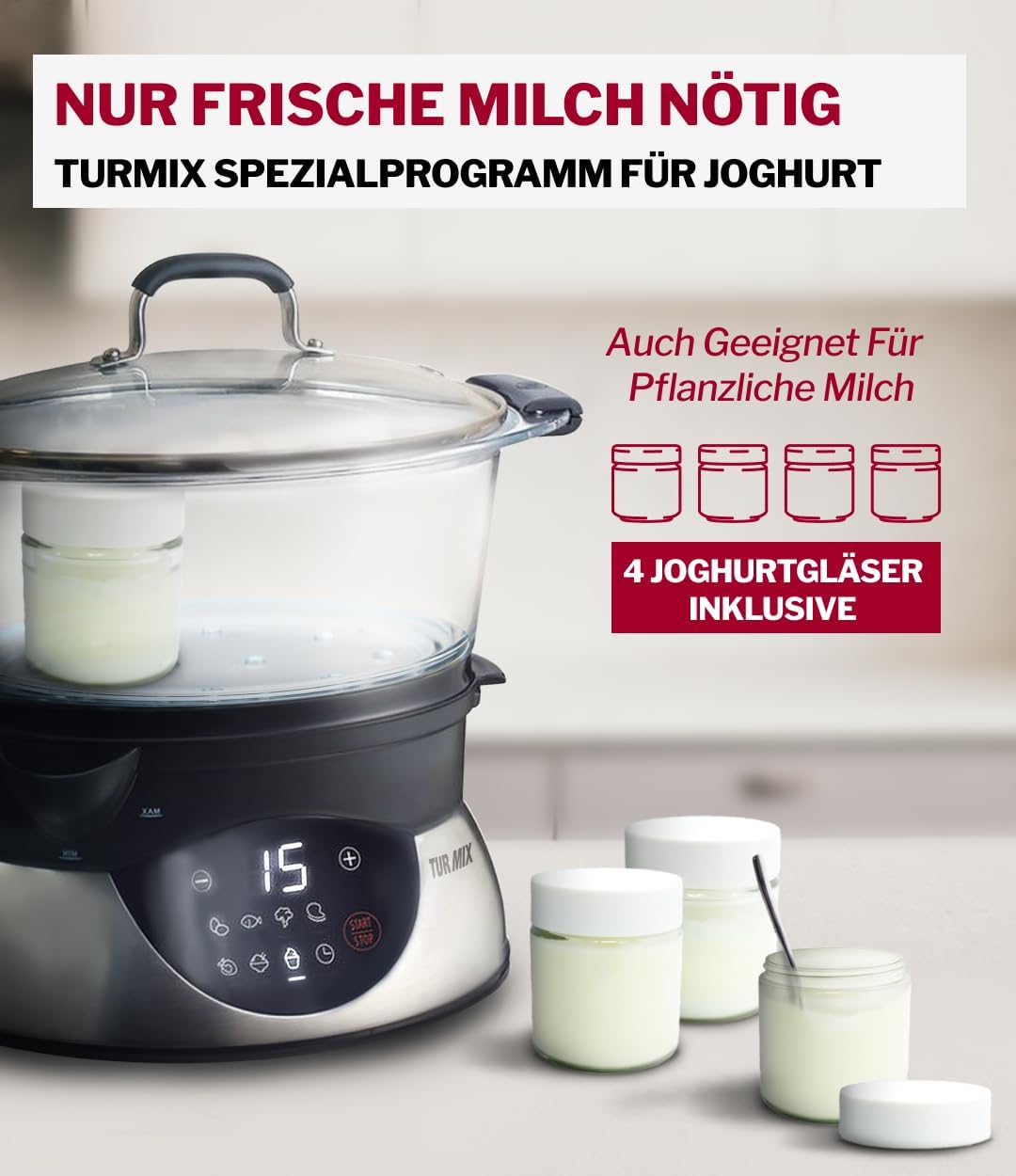 Turmix Steamer CX 220 – Dampfgarer topf 5,2 L mit Glasbehältern & Digitaldisplay, Touch-Bedienung, Warmhaltefunktion, Verzögerter Start, Joghurt-Programm, externer Wassereinlass, 900 W