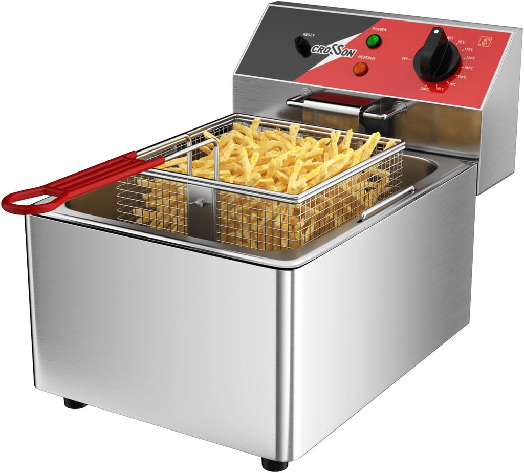 CROSSON 6L Professionelle Elektrische Fritteuse,3000W Kommerzielle Elektrische Fritteuse aus Edelstahl mit Korb, Temperaturkontrolle 80-200°C Schnelles Erhitzen für Heim und Gewerbe