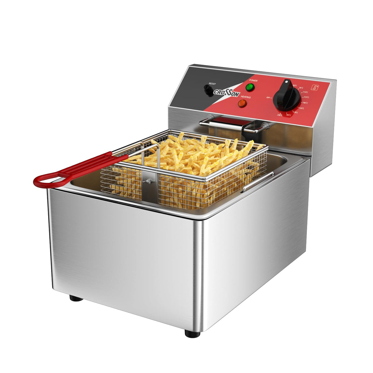 CROSSON 6L Professionelle Elektrische Fritteuse,3000W Kommerzielle Elektrische Fritteuse aus Edelstahl mit Korb, Temperaturkontrolle 80-200°C Schnelles Erhitzen für Heim und Gewerbe