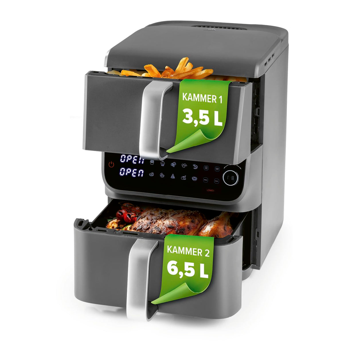 GOURMETmaxx FryUp3 Vertikale Heißluftfritteuse 3 Kammern | Heissluftfritteuse XXL 17 Liter | Airfryer mit Multi-Colour-Klapp-Touchdisplay | Air Fryer Friteuse für 12 Personen | 12 One-touch-Programme