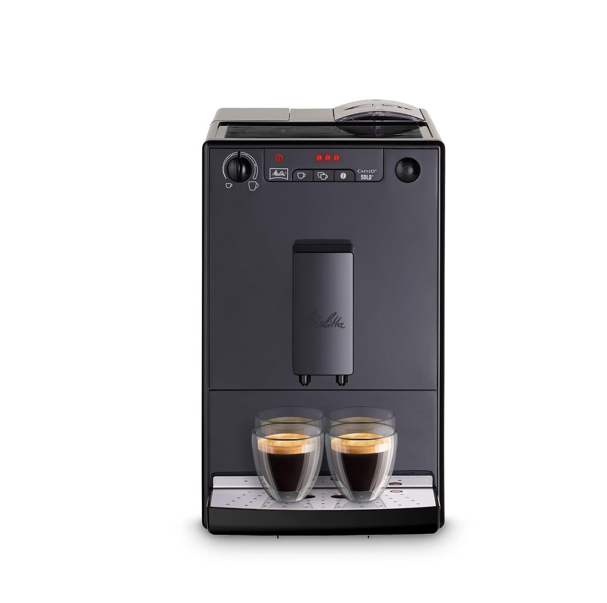 Melitta Solo - Kaffeevollautomat mit höhenverstellbarem Auslauf, kleine Kaffeemaschine mit abnehmbarem Wassertank, für z. B. Espresso oder Café Crème, silber