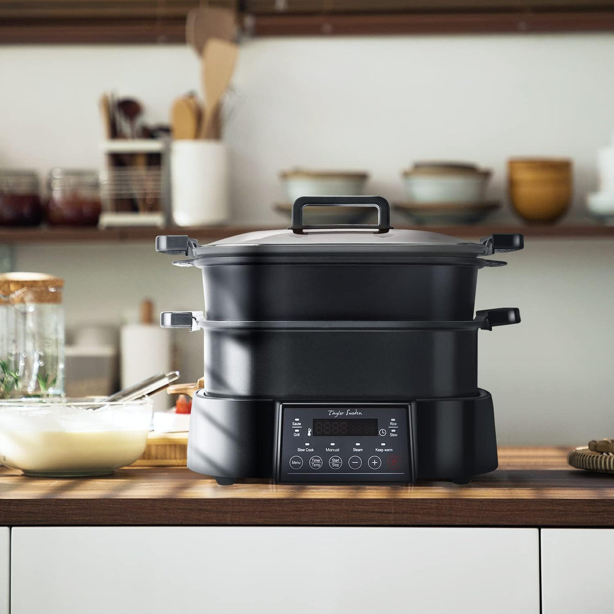 Taylor Swoden Arthur Dampfgarer mit Timer, Ultrakompakter Dampfgarer mit 3 Einschüben, BPA-frei, Programmierbar, Voreingestellte Programme, Warmhaltefunktion, 6 L, 1250 W
