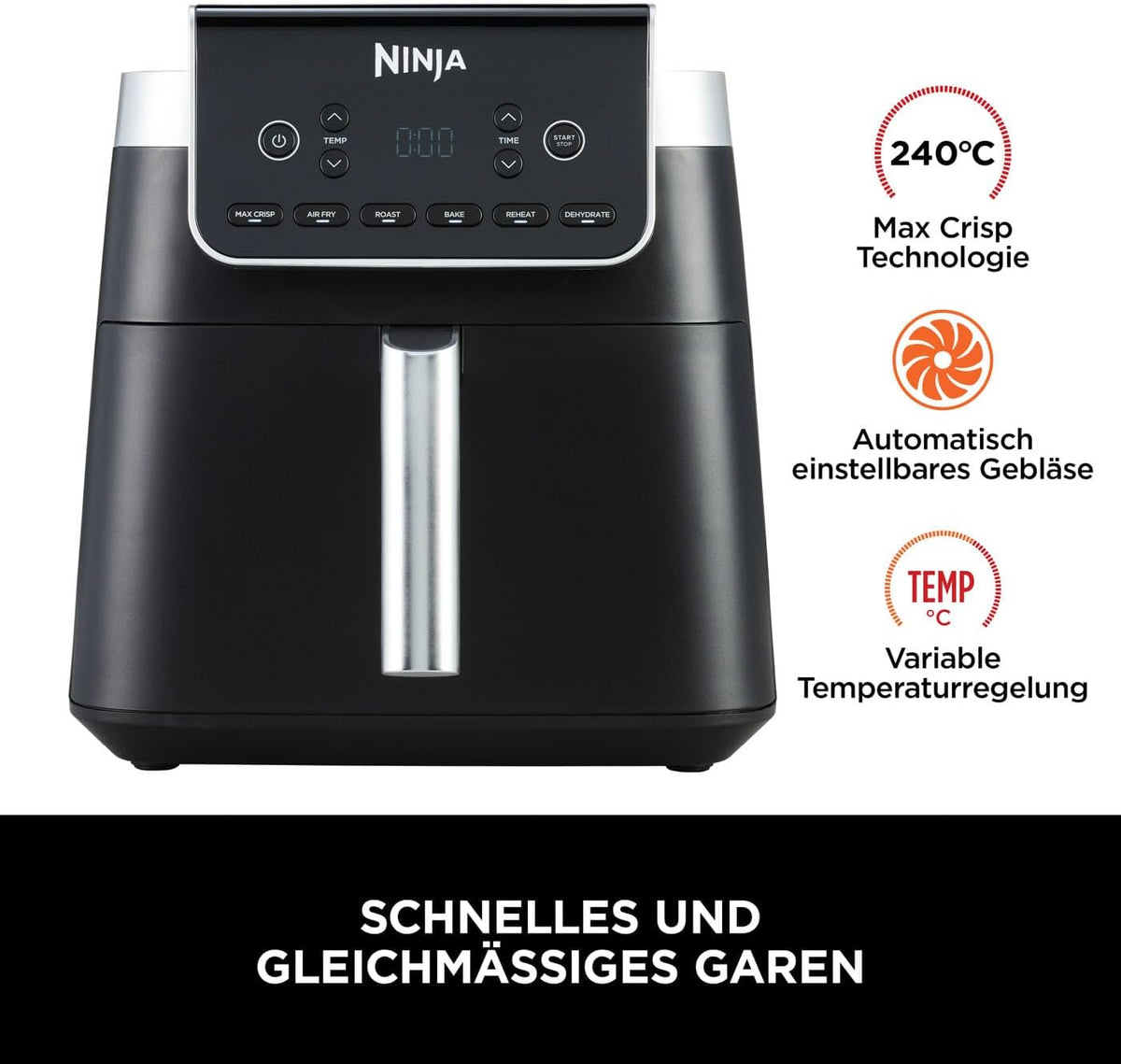 Ninja Air Fryer Heißluftfritteuse MAX PRO, 6,2L, Antihaftbeschichtung