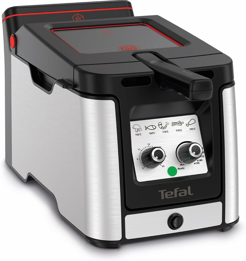 Tefal Clear Duo Fritteuse, frittieren mit weniger Rauch/Gerüchen, Kapazität 1,2 Kg, Thermostat, Timer, großes Sichtfenster ohne Beschlagen, spülmaschinenfest, schwarz, Edelstahl, Friteuse FR600D