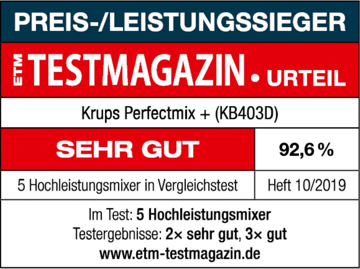 Krups KB403D Perfectmix + Hochleistungsstandmixer, 1.200W, 28.000 UpM, 2L Glasbehälter, 3 voreingestellte Programme, Powelix- Technologie, Edelstahl/Dunkelgrau