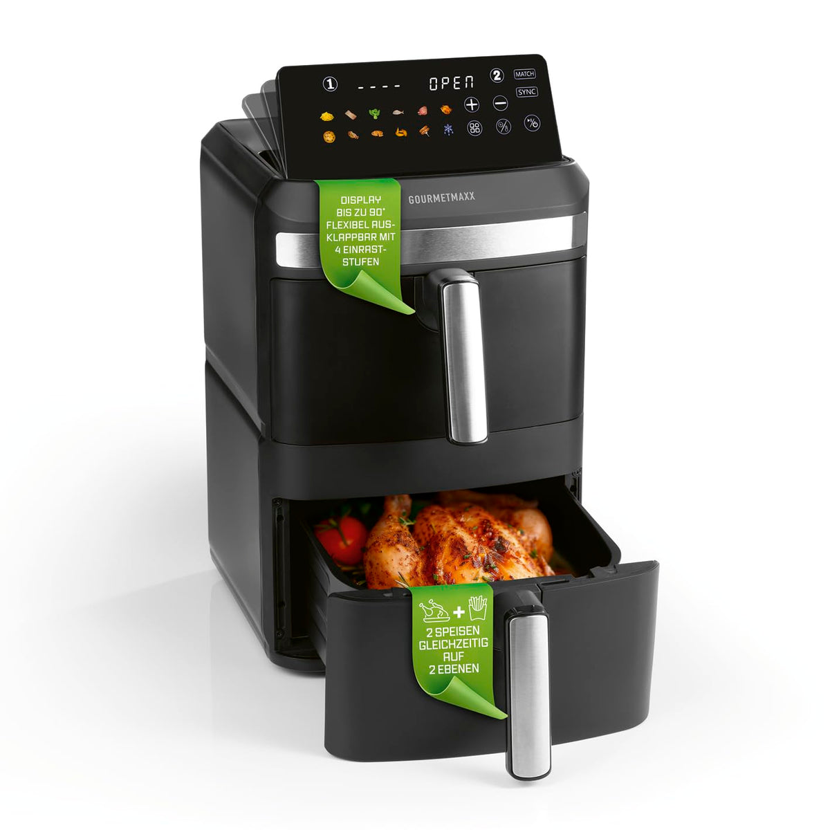 GOURMETmaxx FryUp3 Vertikale Heißluftfritteuse 3 Kammern | Heissluftfritteuse XXL 17 Liter | Airfryer mit Multi-Colour-Klapp-Touchdisplay | Air Fryer Friteuse für 12 Personen | 12 One-touch-Programme