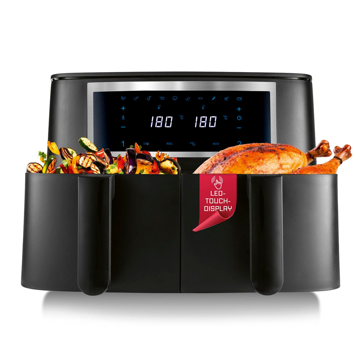 GOURMETmaxx FryUp3 Vertikale Heißluftfritteuse 3 Kammern | Heissluftfritteuse XXL 17 Liter | Airfryer mit Klapp-Touchdisplay, 12 Onetouch-Programmen, Sichtfenstern | Air Fryer Friteuse für 12 Personen