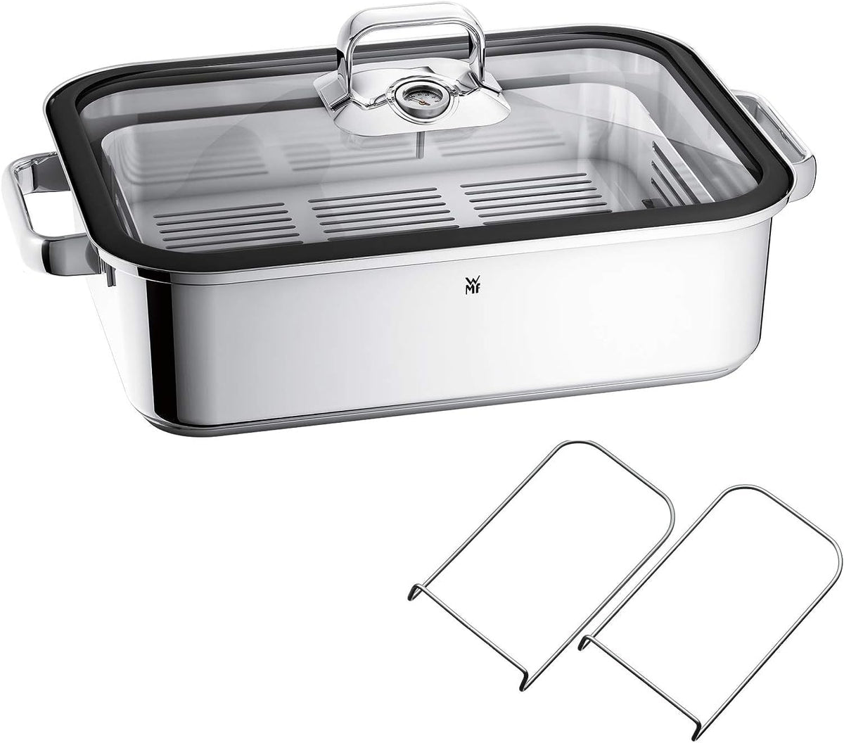 WMF Vitalis Aroma Dampfgarer 28 cm, Dampfgarer Topf, Bräter rund 5,0l, Dampfgartopf, Glasdeckel mit Silikonrand, Garthermometer, Garblech, Cromargan Edelstahl unbeschichtet, backofenfest