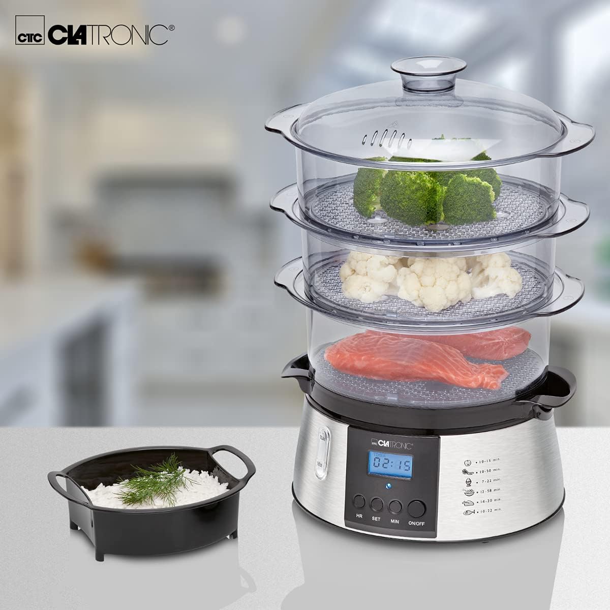 Clatronic DG 3547 elektrischer Dampfgarer, Steam Cooker, Reiskocher, Dampfgarer mit 3 Dampfgarbehältern inkl. Reis-Schale, Digital-Timer, LCD-Display, Netz-Kontrollleuchte, schwarz/edelstahl-Optik