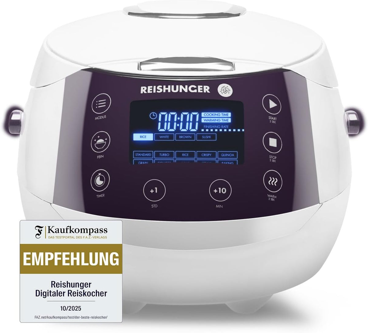 REISHUNGER Digitaler Reiskocher & Dampfgarer – 1,5L – Weiß