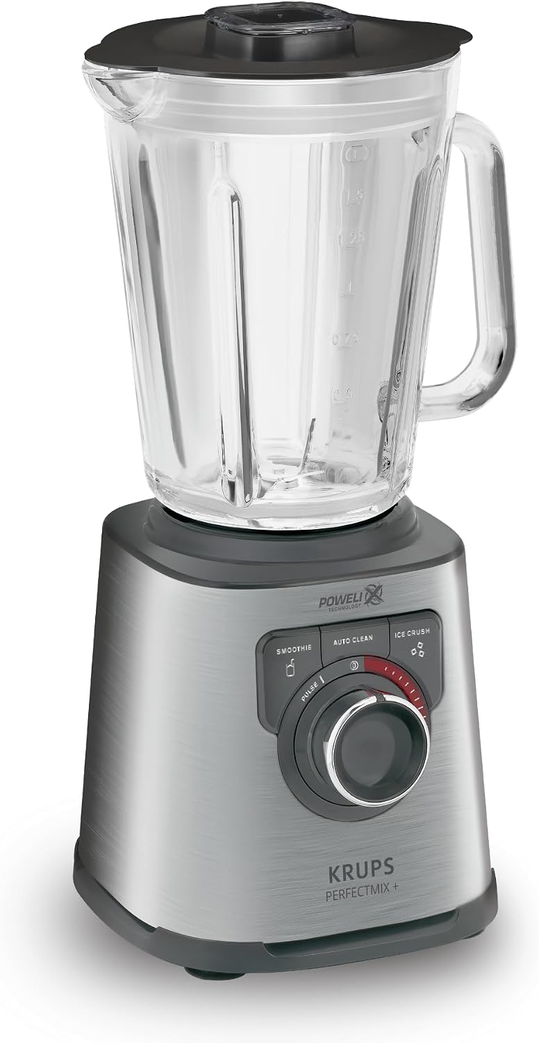 Krups KB403D Perfectmix + Hochleistungsstandmixer, 1.200W, 28.000 UpM, 2L Glasbehälter, 3 voreingestellte Programme, Powelix- Technologie, Edelstahl/Dunkelgrau