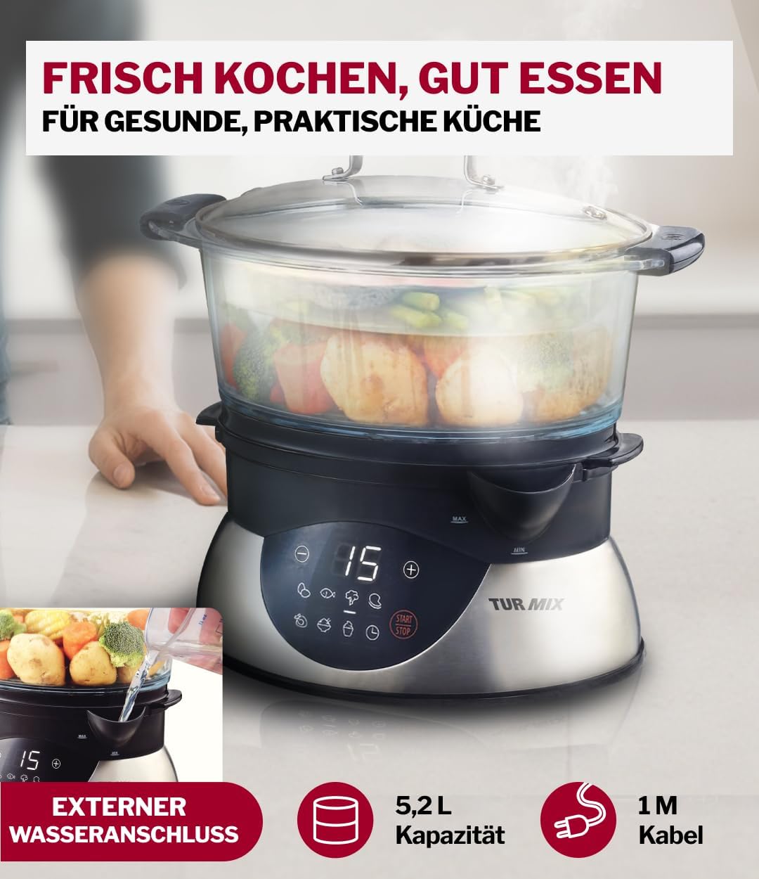 Turmix Steamer CX 220 – Dampfgarer topf 5,2 L mit Glasbehältern & Digitaldisplay, Touch-Bedienung, Warmhaltefunktion, Verzögerter Start, Joghurt-Programm, externer Wassereinlass, 900 W