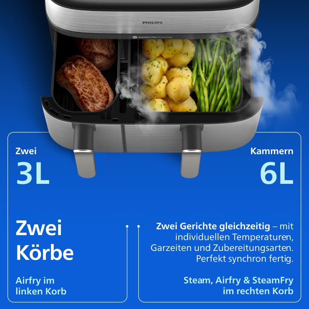Philips Steam Airfryer 5000 Heißluftfritteuse, Silber, 9 L