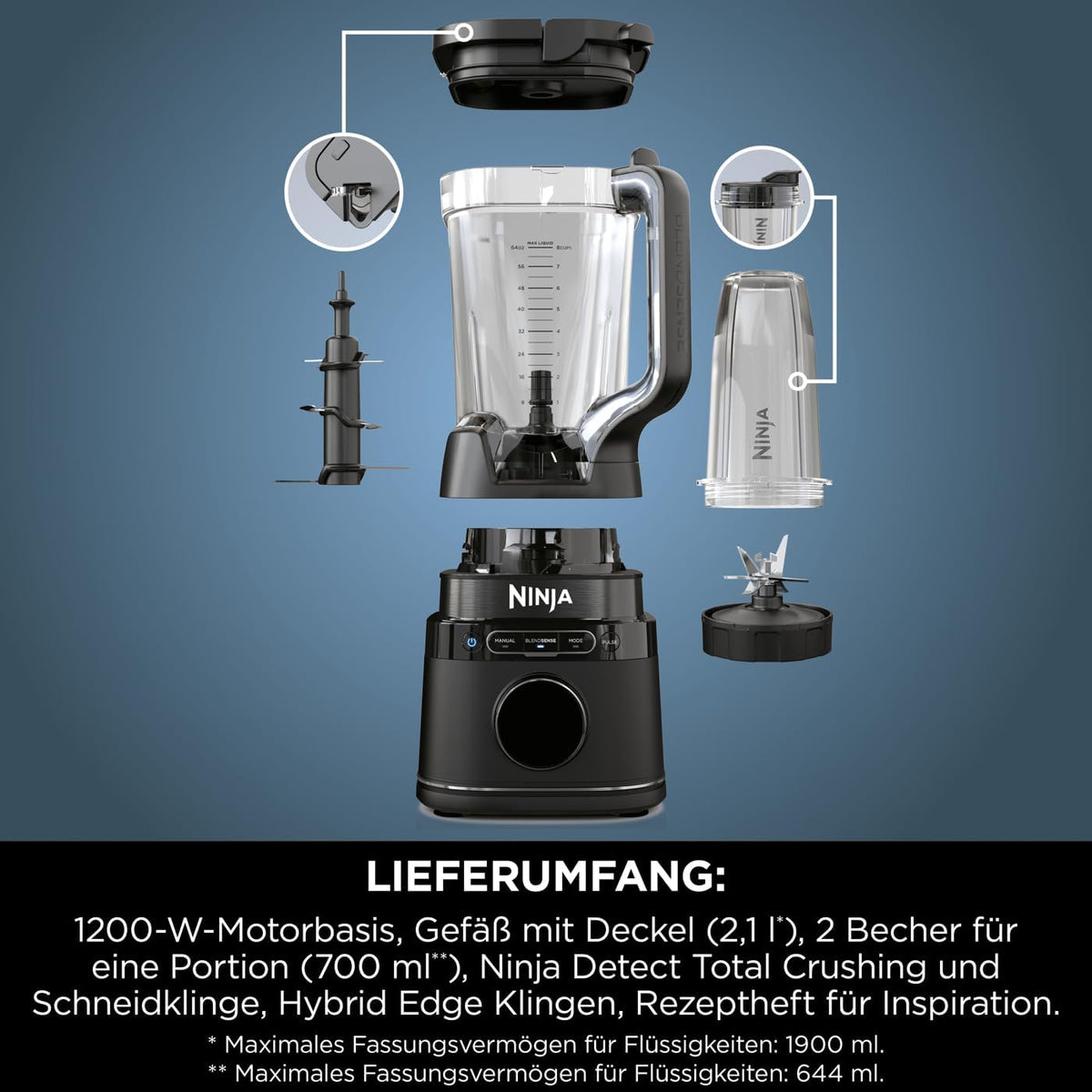 Ninja 2-in-1 Detect Power Mixer Pro & Single Serve, 1200W Mixer mit Krug