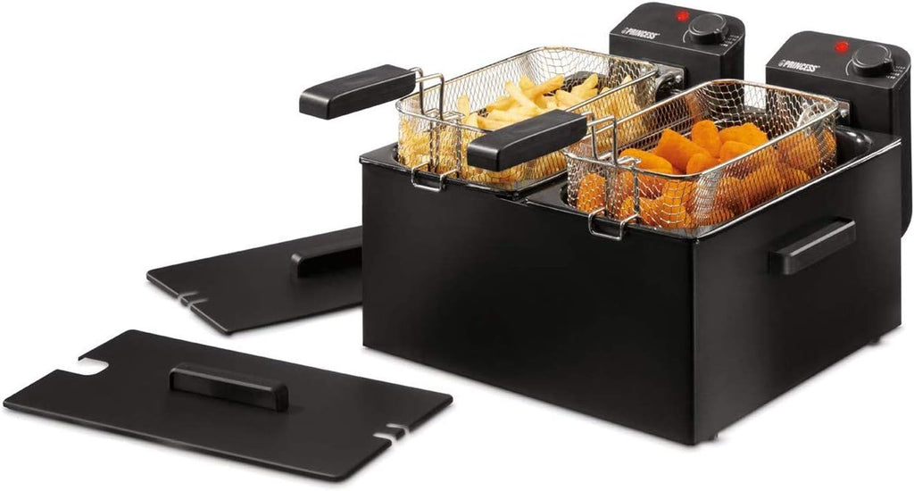 Princess 183028 Edelstahl Doppel-Fritteuse in schwarz - 2 x 3 Liter (2 x 1800 Watt) mit Ölfilter und Kaltzonenfunktion
