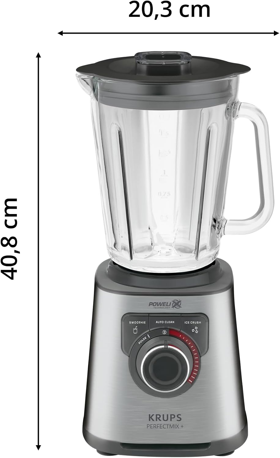Krups KB403D Perfectmix + Hochleistungsstandmixer, 1.200W, 28.000 UpM, 2L Glasbehälter, 3 voreingestellte Programme, Powelix- Technologie, Edelstahl/Dunkelgrau