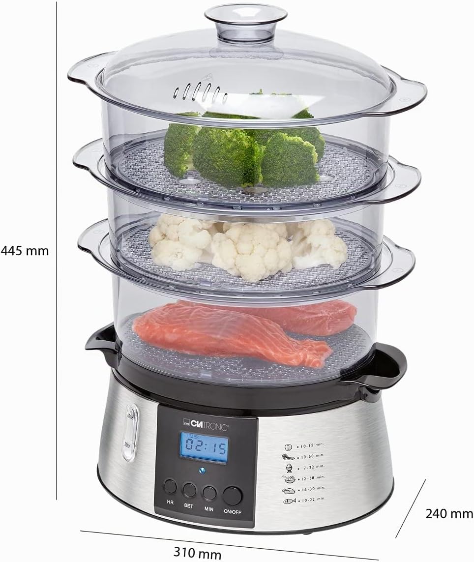 Clatronic DG 3547 elektrischer Dampfgarer, Steam Cooker, Reiskocher, Dampfgarer mit 3 Dampfgarbehältern inkl. Reis-Schale, Digital-Timer, LCD-Display, Netz-Kontrollleuchte, schwarz/edelstahl-Optik