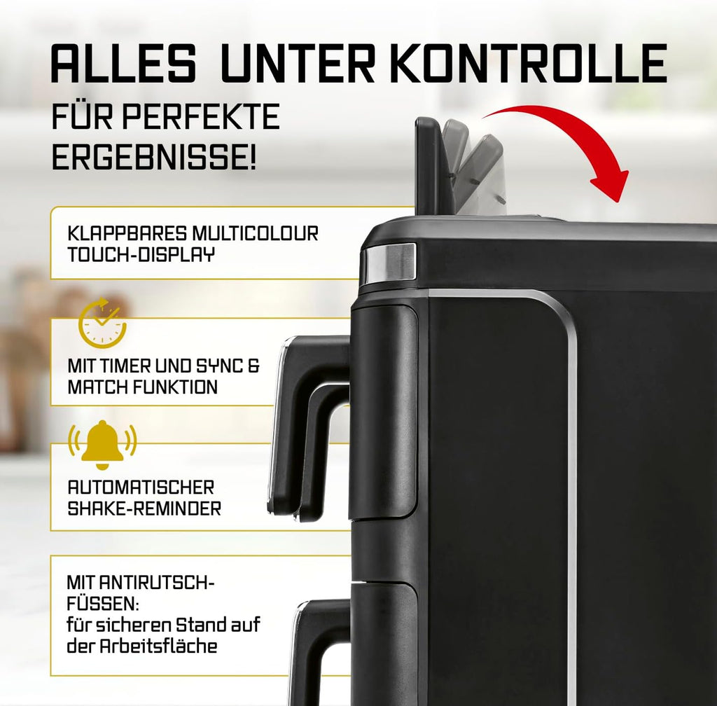 GOURMETmaxx FryUp3 Vertikale Heißluftfritteuse 3 Kammern | Heissluftfritteuse XXL 17 Liter | Airfryer mit Multi-Colour-Klapp-Touchdisplay | Air Fryer Friteuse für 12 Personen | 12 One-touch-Programme