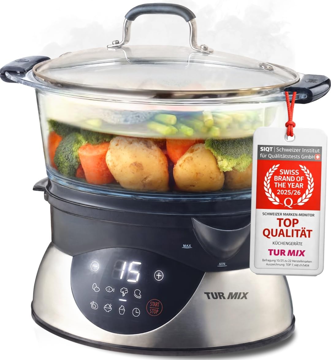 Turmix Steamer CX 220 – Dampfgarer topf 5,2 L mit Glasbehältern & Digitaldisplay, Touch-Bedienung, Warmhaltefunktion, Verzögerter Start, Joghurt-Programm, externer Wassereinlass, 900 W