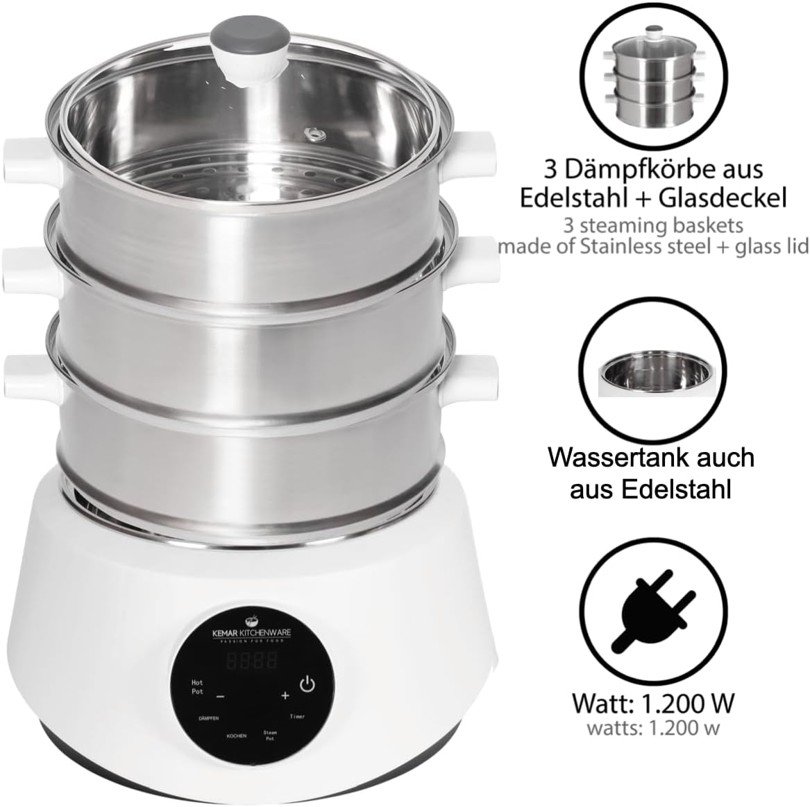 KFS-3000 Dampfgarer, Hot Pot, Fondue mit Touch Display, 3 Dampfkörbe aus Edelstahl, 4 Programme, Timer, Steamer (KFS-3000 Standardausführung)