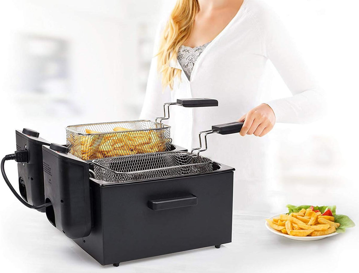 Princess 183028 Edelstahl Doppel-Fritteuse in schwarz - 2 x 3 Liter (2 x 1800 Watt) mit Ölfilter und Kaltzonenfunktion