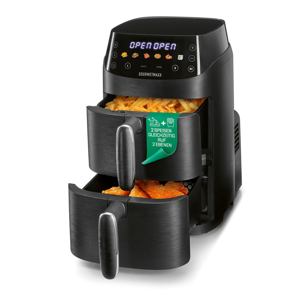 GOURMETmaxx FryUp3 Vertikale Heißluftfritteuse 3 Kammern | Heissluftfritteuse XXL 17 Liter | Airfryer mit Multi-Colour-Klapp-Touchdisplay | Air Fryer Friteuse für 12 Personen | 12 One-touch-Programme