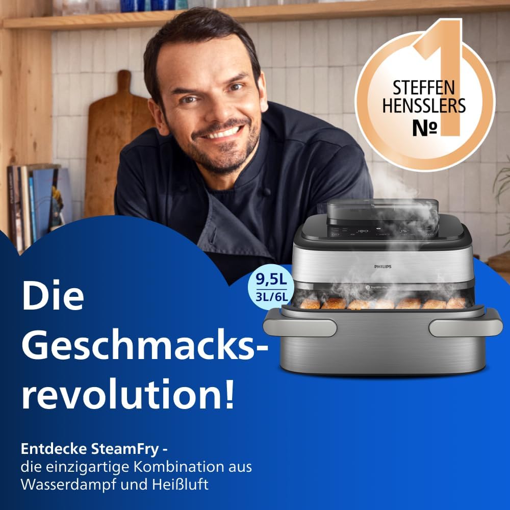 Philips Steam Airfryer 5000 Megabasket Heißluftfritteuse, Silber, 9,5 L