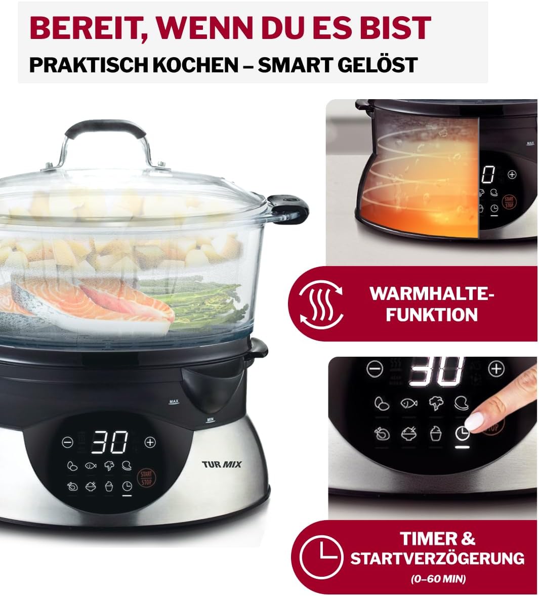 Turmix Steamer CX 220 – Dampfgarer topf 5,2 L mit Glasbehältern & Digitaldisplay, Touch-Bedienung, Warmhaltefunktion, Verzögerter Start, Joghurt-Programm, externer Wassereinlass, 900 W