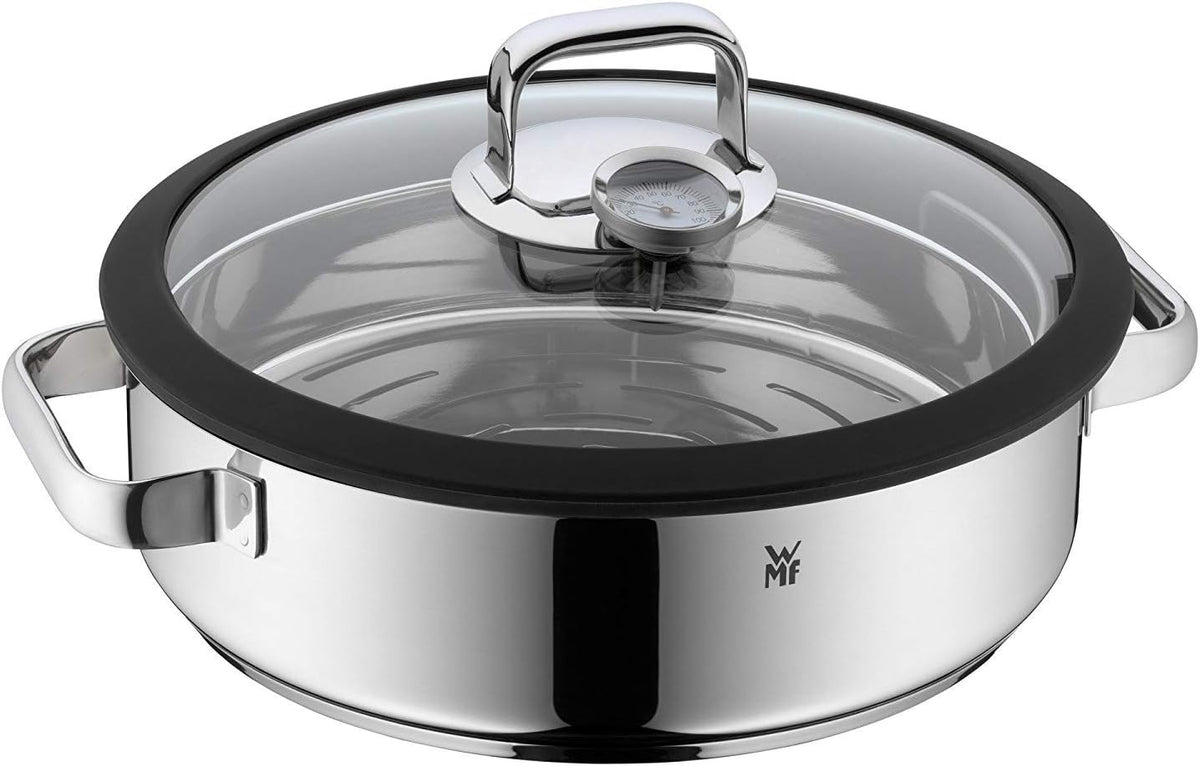 WMF Vitalis Aroma Dampfgarer 28 cm, Dampfgarer Topf, Bräter rund 5,0l, Dampfgartopf, Glasdeckel mit Silikonrand, Garthermometer, Garblech, Cromargan Edelstahl unbeschichtet, backofenfest