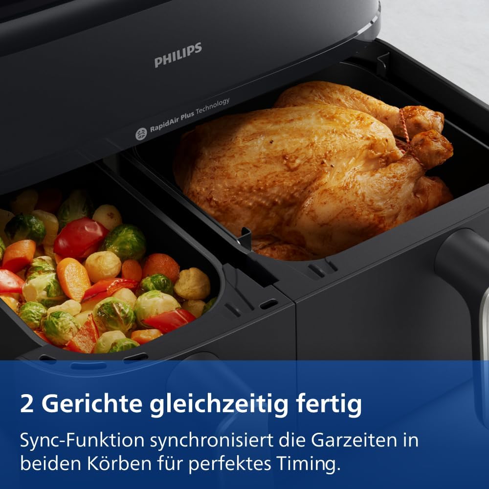 Philips Steam Airfryer 5000 Series Dual Basket Heißluftfritteuse mit Dampfgar-Funktion & 2 Körben – Steam, Airfry, SteamFy, 9L (3L+6L), RapidAir Plus, automatische Dampfreinigung (NA551/00)