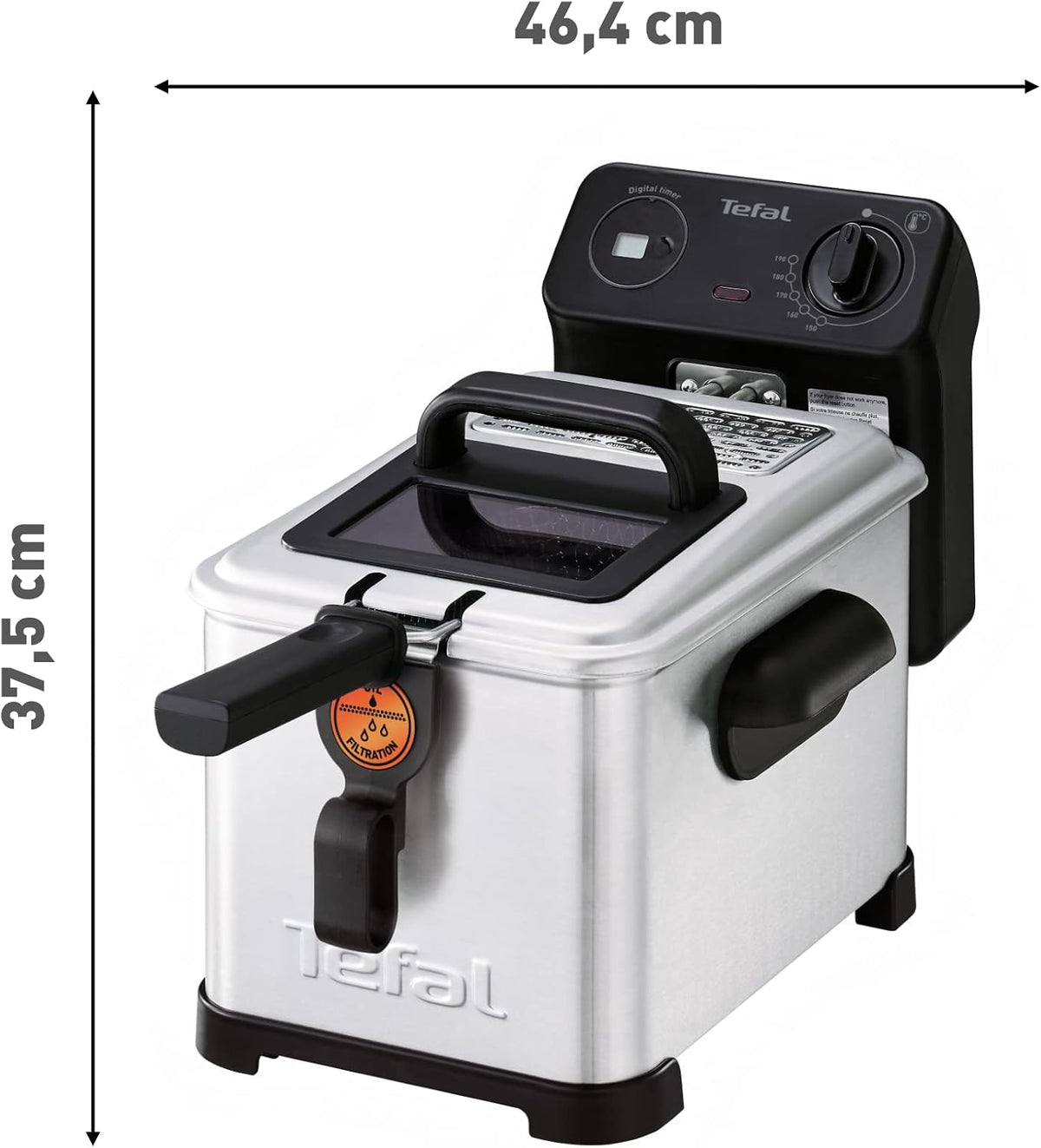 Tefal Filtra Pro Elektrische Fritteuse 4 Liter Öl-Kapazität, Auffangsieb für reineres Öl, spülmaschinenfeste Teile, Sichtfenster, einstellbare Temperaturkontrolle, schwarz, Edelstahl, FR5160