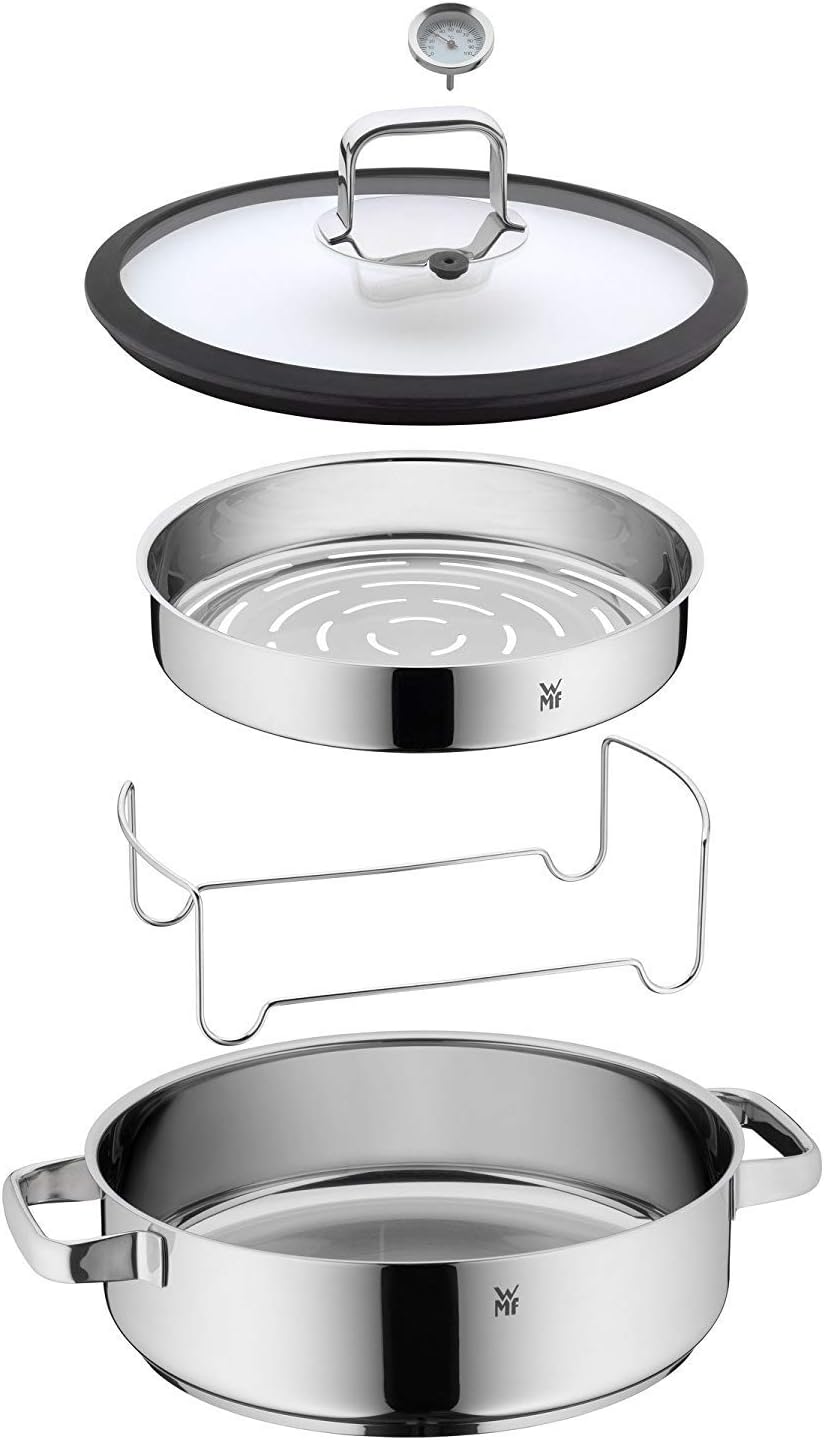 WMF Vitalis Aroma Dampfgarer 28 cm, Dampfgarer Topf, Bräter rund 5,0l, Dampfgartopf, Glasdeckel mit Silikonrand, Garthermometer, Garblech, Cromargan Edelstahl unbeschichtet, backofenfest