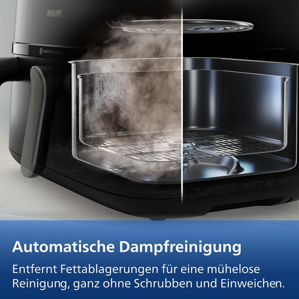 Philips Steam Airfryer 5000 Series Dual Basket Heißluftfritteuse mit Dampfgar-Funktion & 2 Körben – Steam, Airfry, SteamFy, 9L (3L+6L), RapidAir Plus, automatische Dampfreinigung (NA551/00)