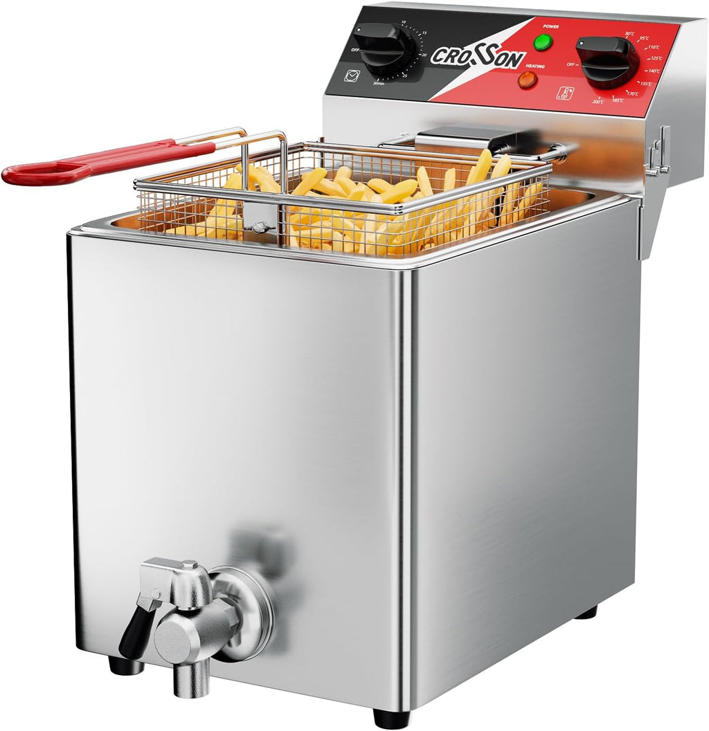 CROSSON 8L Professionelle Elektrische Fritteuse mit ablaufhahn,3250W Kommerzielle Elektrische Fritteuse aus Edelstahl mit Korb & Deckel,Temperaturkontrolle 80-200°C Schnelles Erhitzen,30-Minuten-Timer